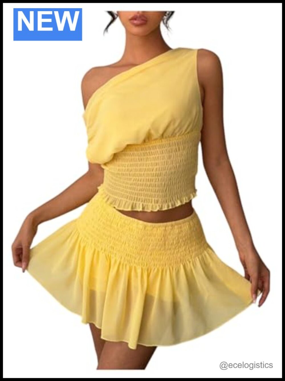 One Shoulder Mesh Asymmetrical Tank Top & Ruched Mini Skirt 2 Piece Outfit Set